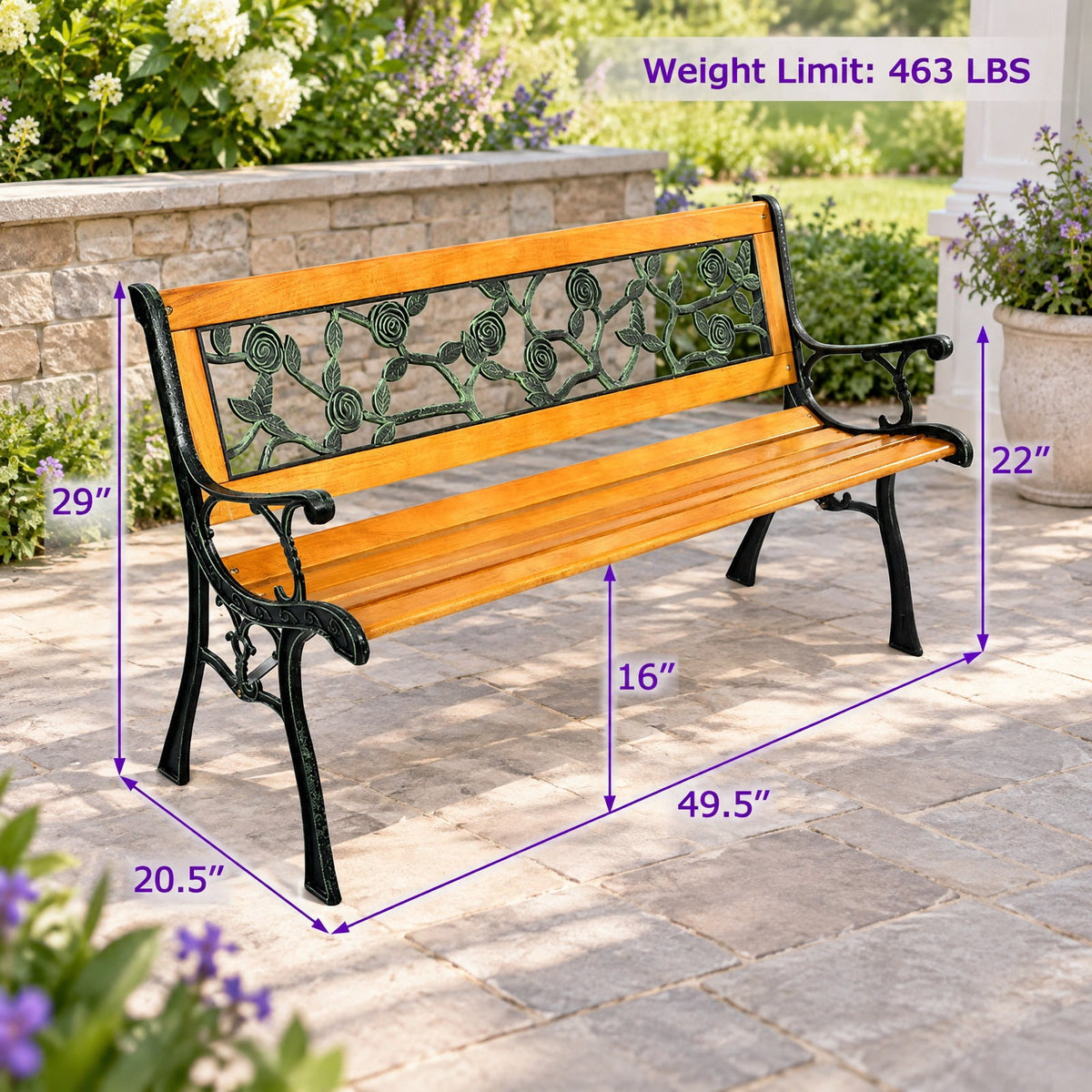 Airfind 49 1/2 Inch Patio Park Garden Porch Chair Bench, 463 lbs Capacity, Cast iron Frame, 49.5 Inch x 20.5 Inch x 29 Inch Product weight: 30 lbs Footprint