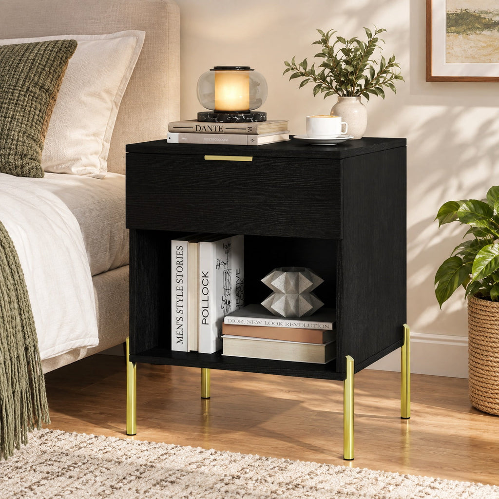 Airfind Modern Nightstand with Charging Station, Engineered Wood Metal MDF Frame, 18in x 16in x 23in Interior Footprint, Black
