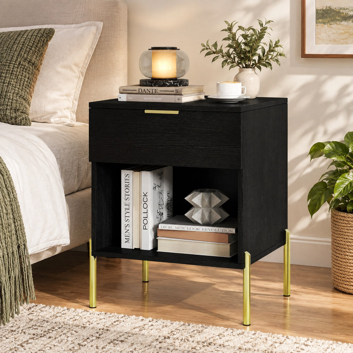 Airfind Modern Nightstand with Charging Station, Engineered Wood Metal MDF Frame, 18in x 16in x 23in Interior Footprint, Black