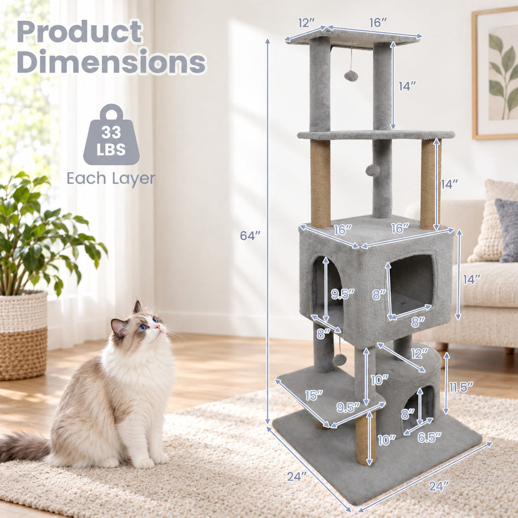 Airfind 64 Inch Tall Cat Tree with 2 Large Condos and Jute Scratching Posts for Indoor Adult Cats, 33 lbs Capacity, Light Grey