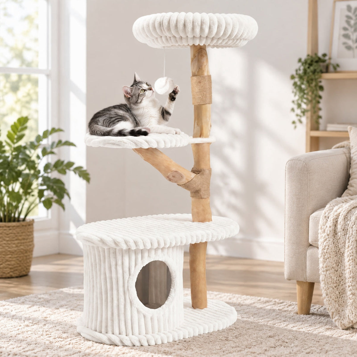 Airfind 41 Inch Tall Modern Cat Tower with Real Wood Branches Scratching Posts for Indoor, Gray, a distinctive shape and rich wood grain