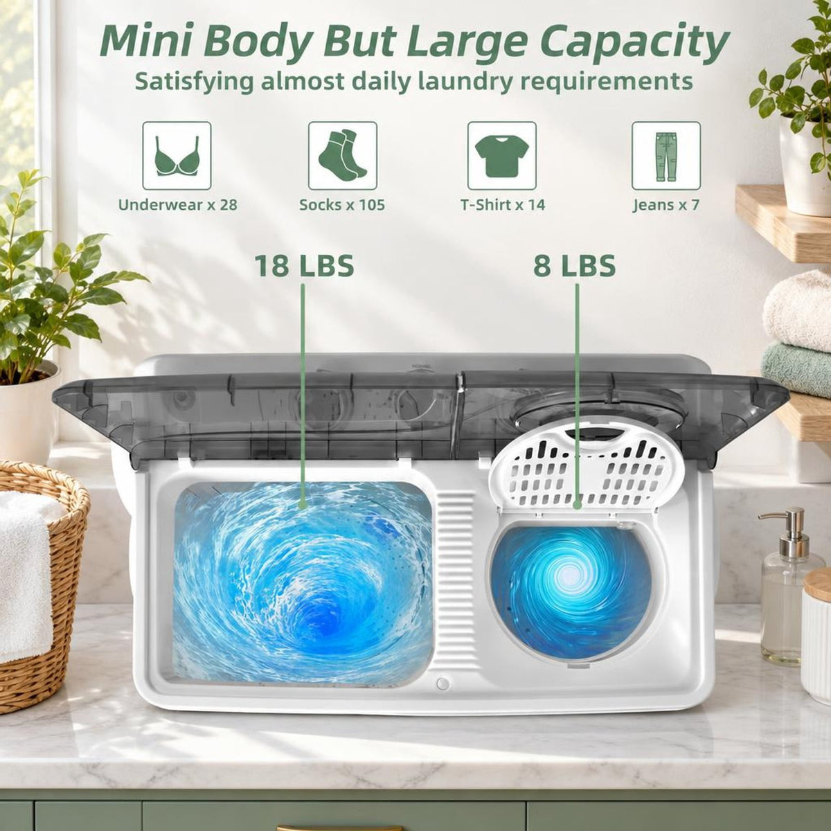 Airfind 26 LBS Twin Tub Portable Washing Machine with Built-In Drain Pump, PP ABS Rated Frame, 27.5 x 16 x 32 Footprint, Gray