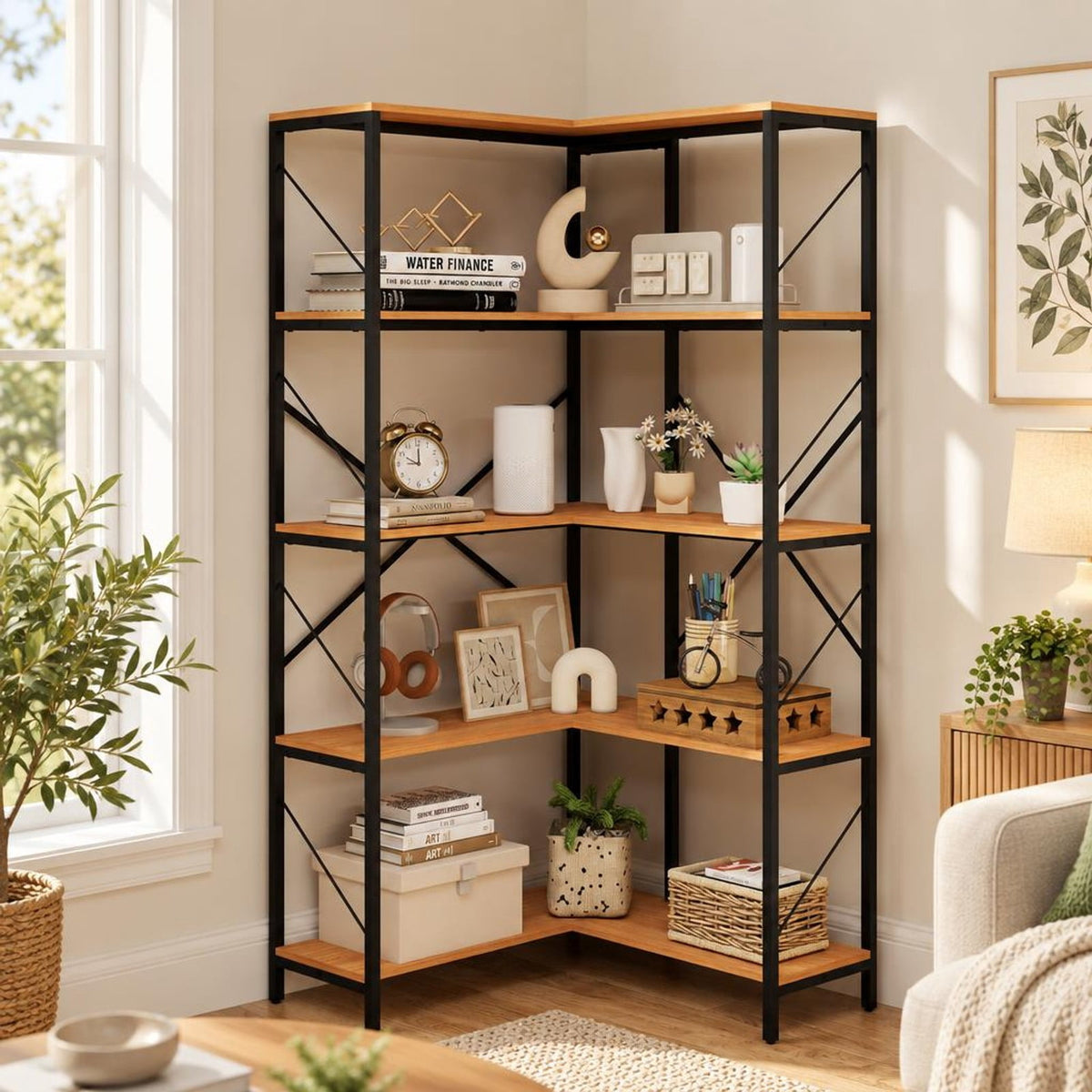 Airfind 66 Tall 5-Tier L-Shaped Bookcase with Metal Frame for Living Room, 44 lbs Capacity, Metal Frame, 31.5 x 31.5 x 66 Footprint, Brown