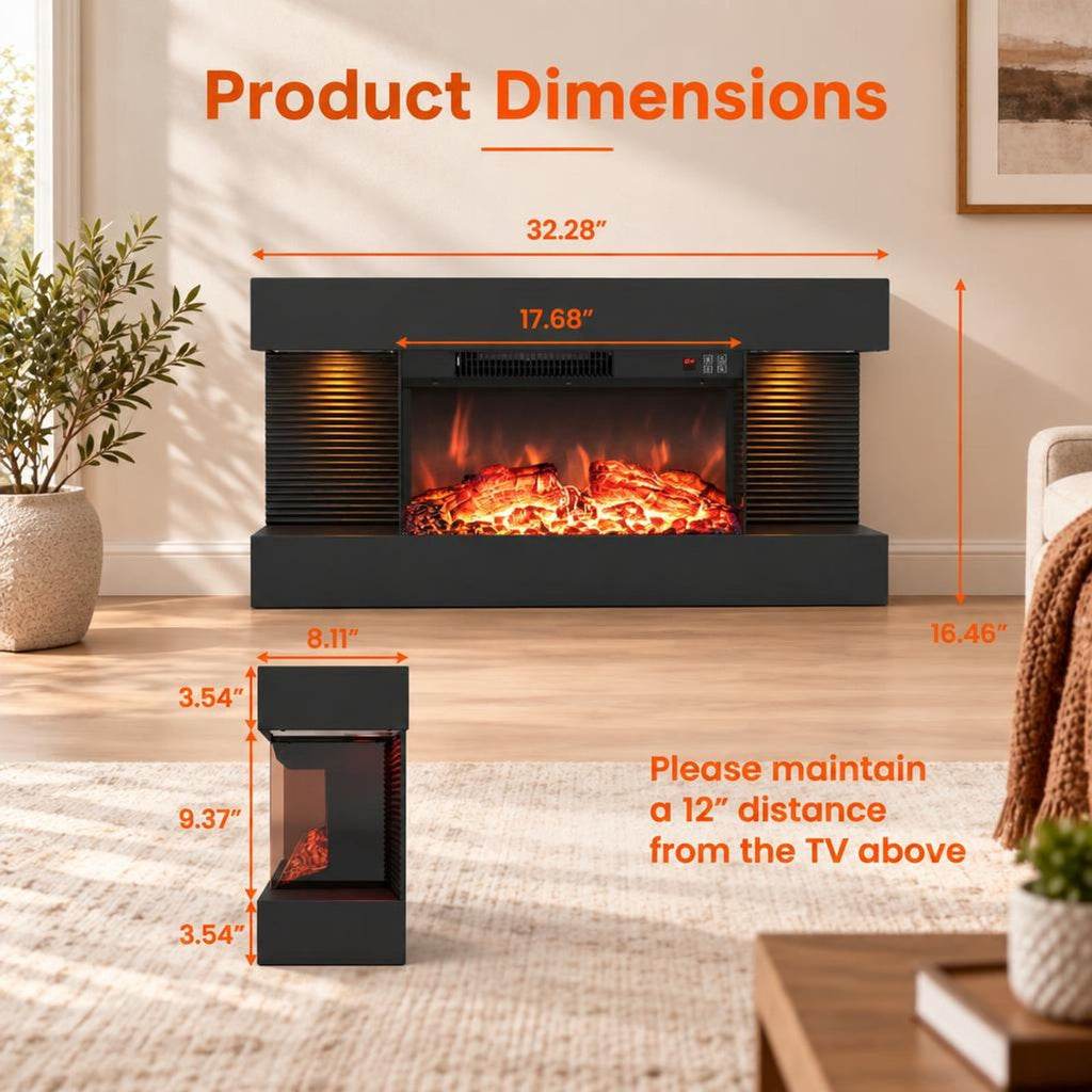 Airfind 3-Sided Black Wall Mount Electric WiFi Fireplace with Floating Mantel and 12 Flame Ambient-32 inches, Metal Tempered Glass Frame, Black