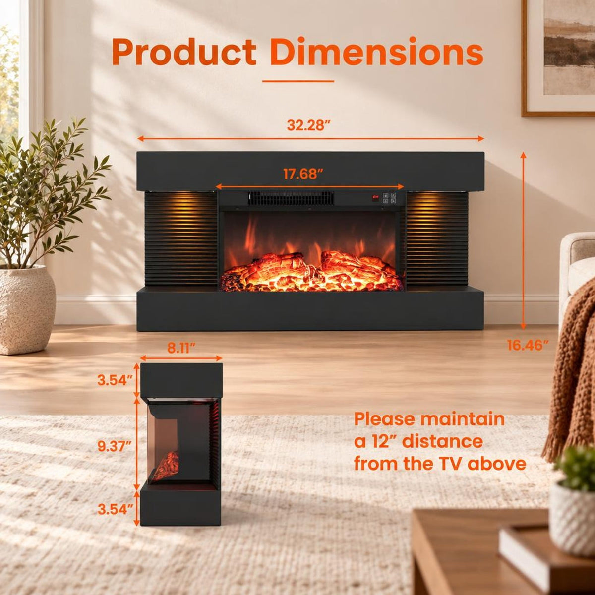 Airfind 3-Sided Black Wall Mount Electric WiFi Fireplace with Floating Mantel and 12 Flame Ambient-32 inches, Metal Tempered Glass Frame, Black