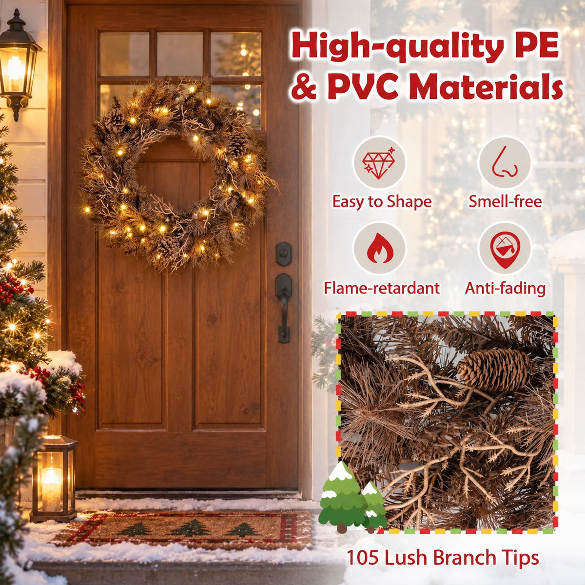 Airfind 24 Inch Pre-lit Christmas Wreath with 105 Branch Tips and 35 Warm White LED Lights-1 piece, PVC PE Metal Frame, 24 x 24 Footprint, White