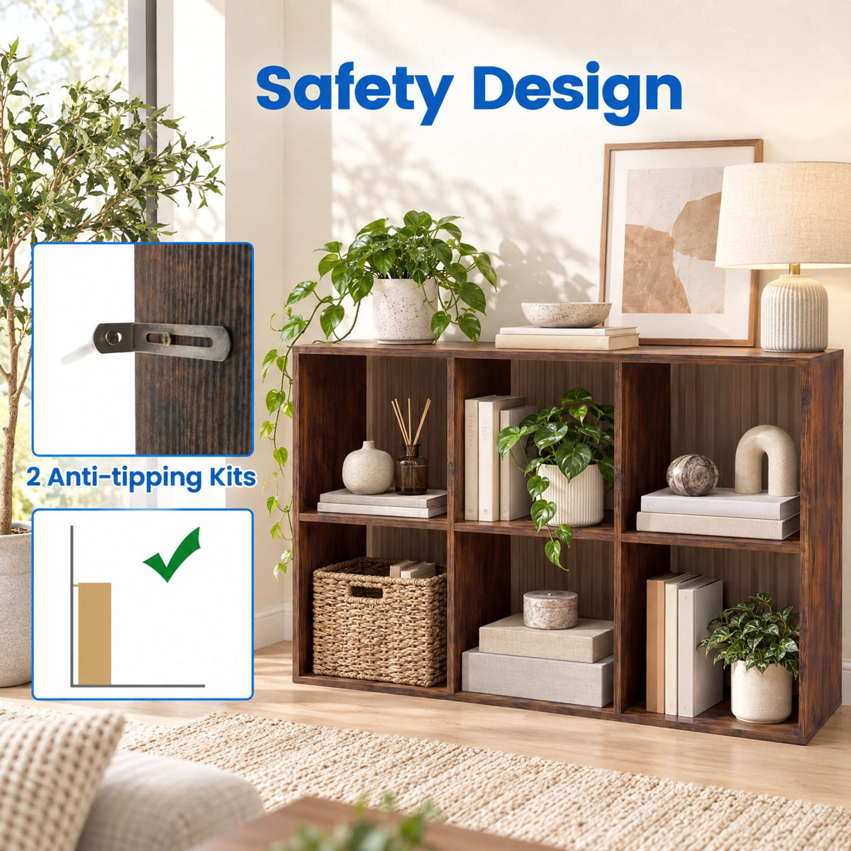 Airfind 6 Cube Bookshelf with Back Guardrail for Living Room Bedroom, 154 lbs Capacity, Engineered Wood Frame, 41 Inch x 13 Inch x 27.5 Inch Footprint, Brown