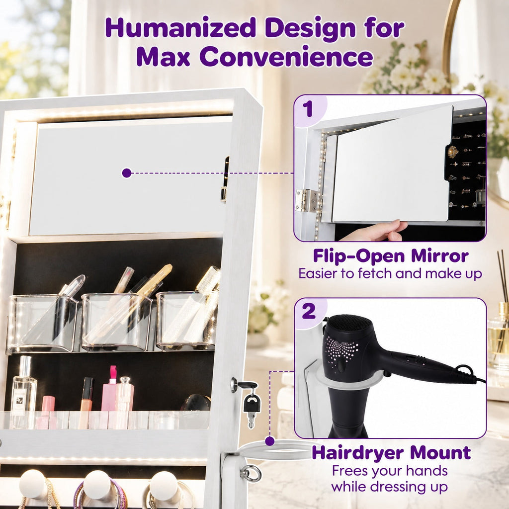 Airfind Jewelry Cabinet, Freestanding, with Full Length HD Mirror, MDF Glass Frame, 16 Inch x 14.5 Inch x 61.5 Inch Footprint, White