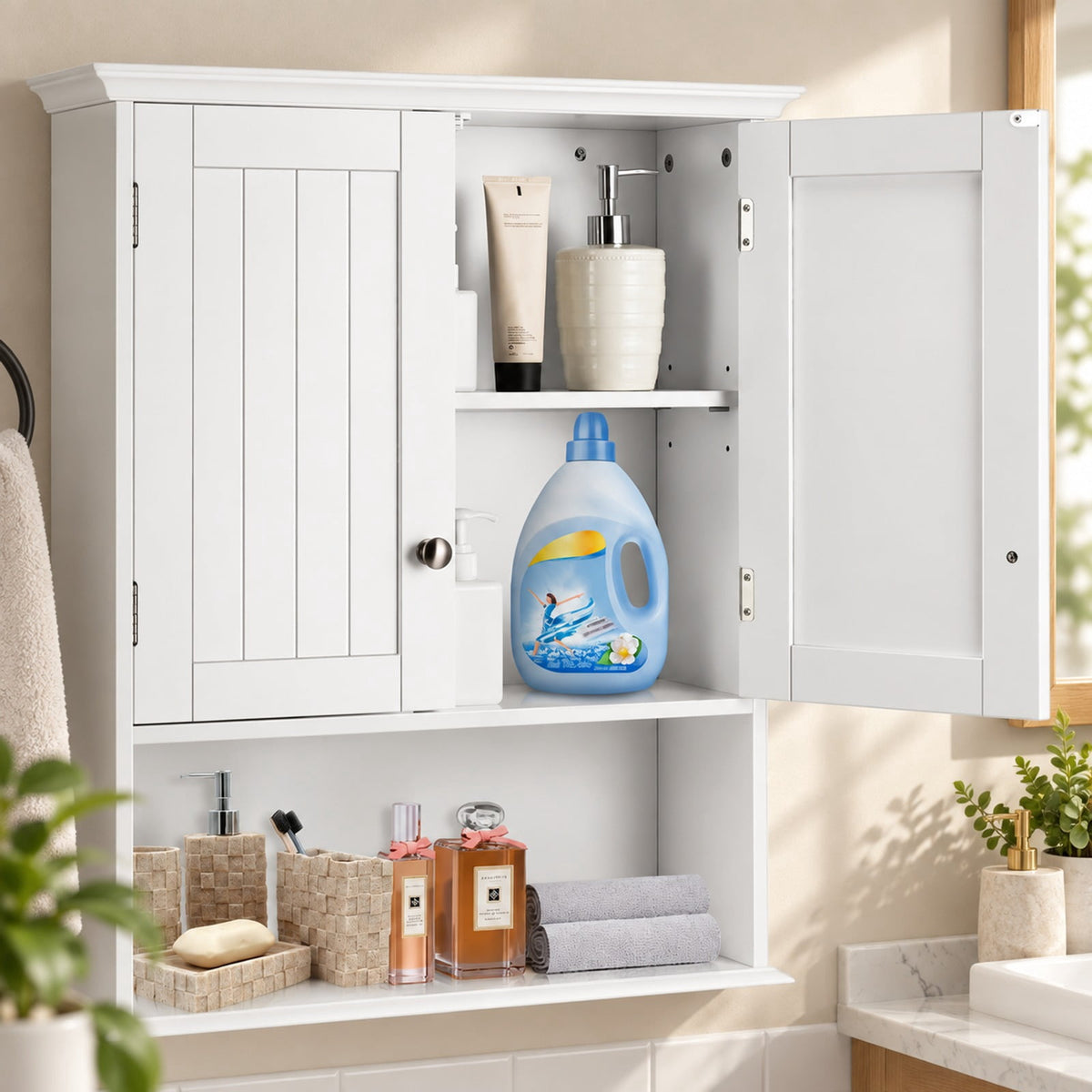 Airfind Wall Mount Bathroom Cabinet Storage Organizer with Doors and Shelves, MDF Metal Frame, White