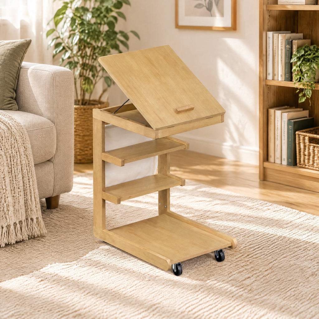 Airfind C-shaped End Table with Wheels Mobile Bedside Table with Built-in Phone Slot, 80 lbs Capacity, Engineered Wood Metal Frame, Brown