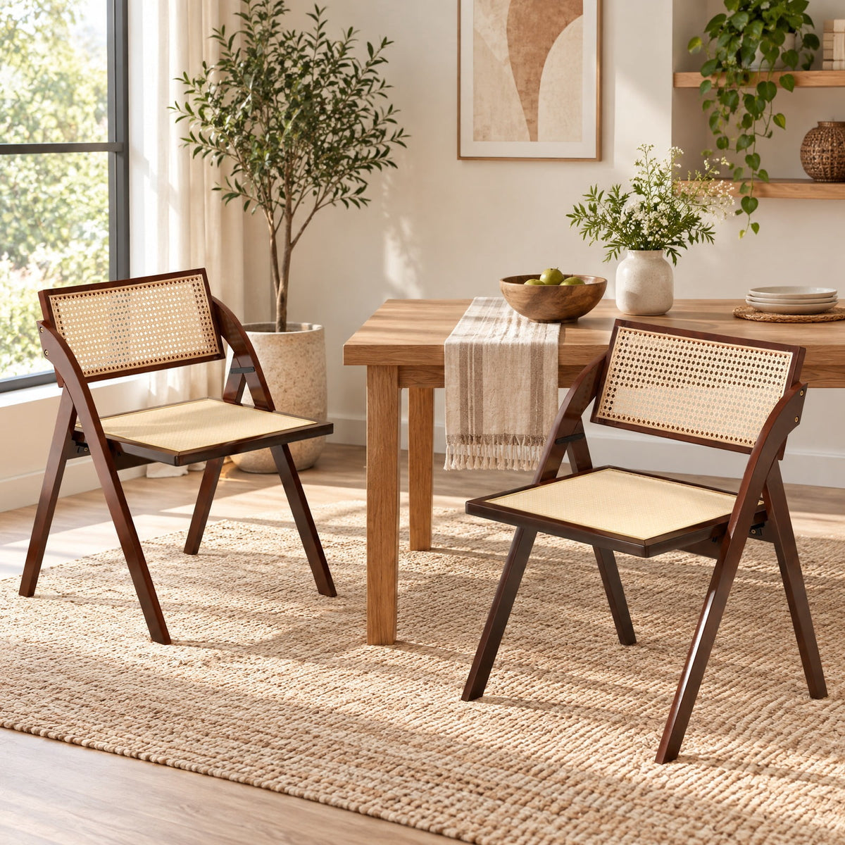 Airfind Foldable Dining Chairs Set of 2 with Woven Rattan Backrest, 400 lbs Capacity, Rubber Wood Plywood Plastic Frame, 23 Inch x 21 Inch x 29.5 Inch Footprint