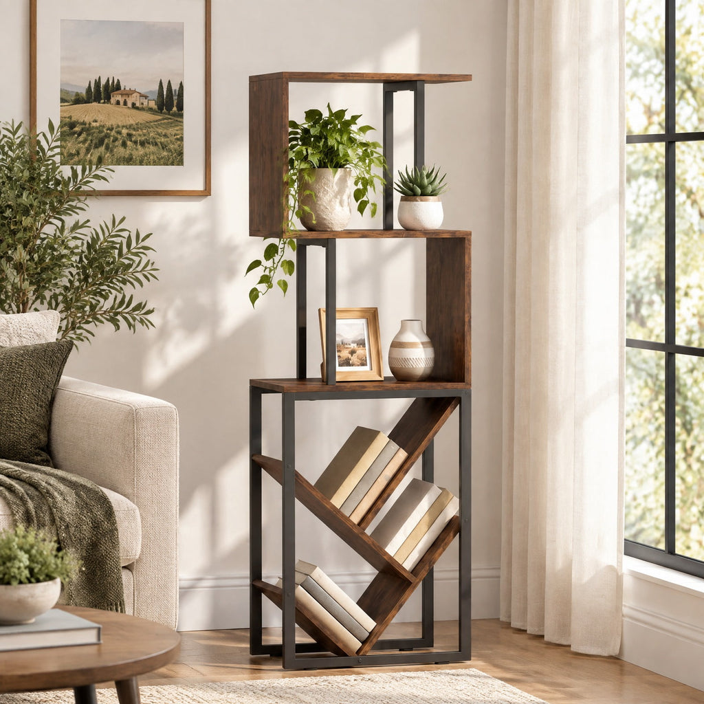 Airfind 6-Tier Bookshelf Floor Standing Tree S-Shaped Geometric Bookcase with Open Shelves, 44 lbs Capacity, Engineered Wood Metal Frame, Brown