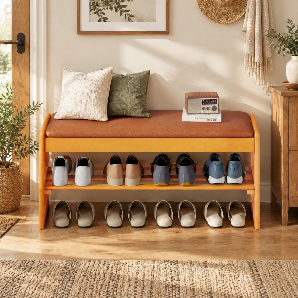 Airfind Shoe Rack Bench with Storage 2-Tier Rubberwood Entryway Bench with Flip-Open Storage, 400 lbs Capacity, 40in x 13.5in x 17in Footprint, Brown