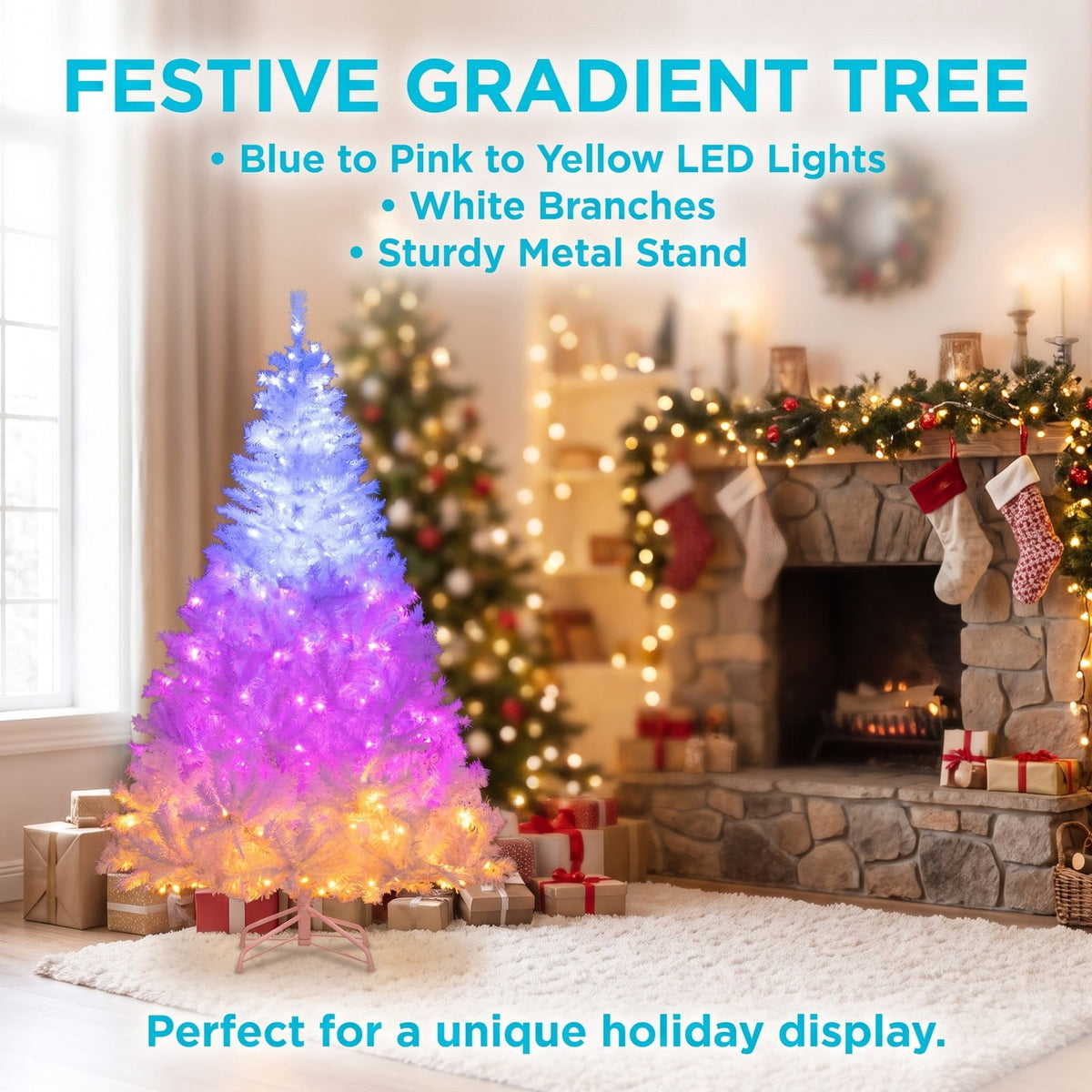 Airfind 6 Feet Artificial Christmas Tree Hinged Pre-Lit Xmas Tree with 11 Lighting Modes, White, Diameter of Stand 18 Inch /22 Inch