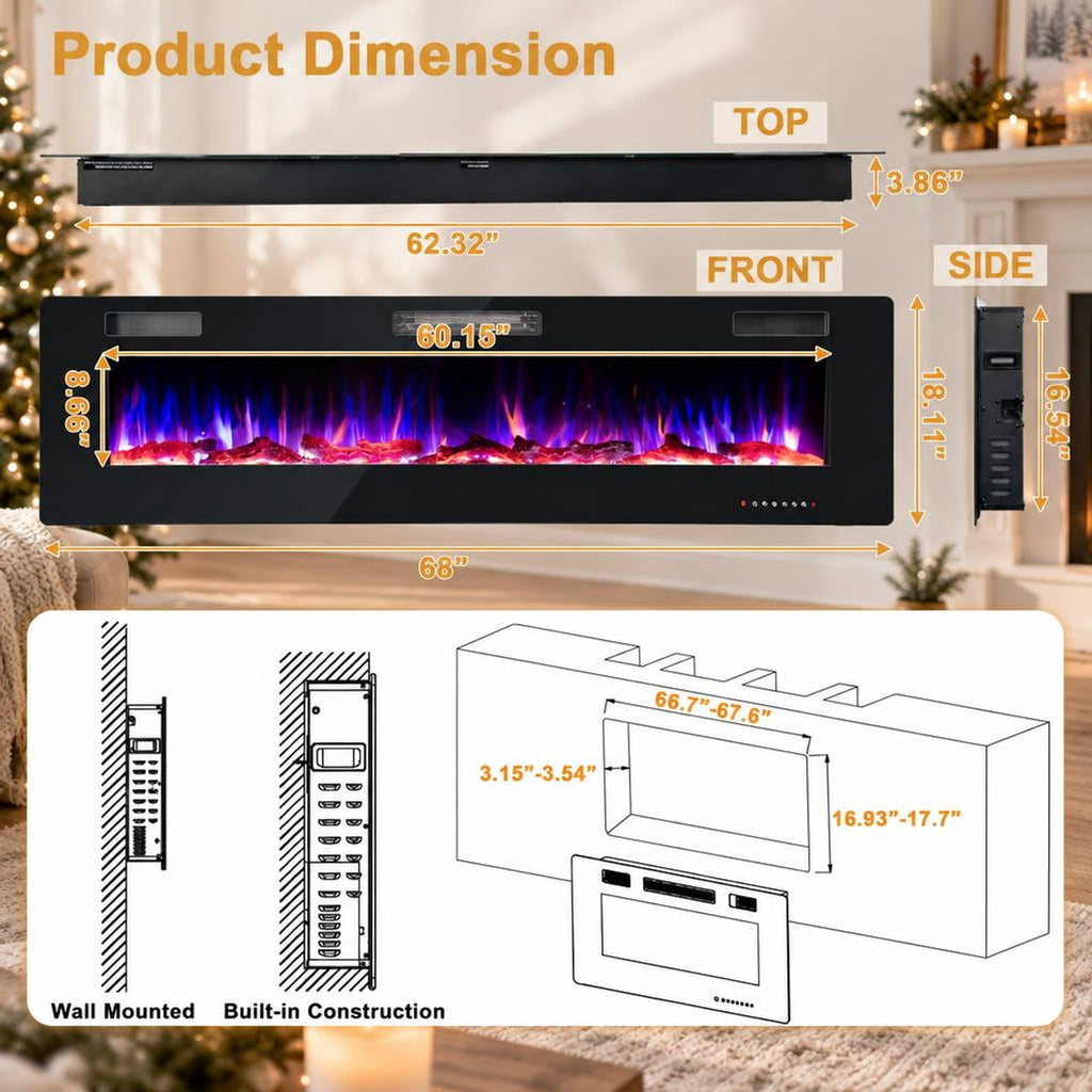 Airfind 68-Inch Electric Fireplace, Recessed or Wall Mounted, 12 Flame Colors, Remote, 1500W, for Living Room for Everyday Use, Black