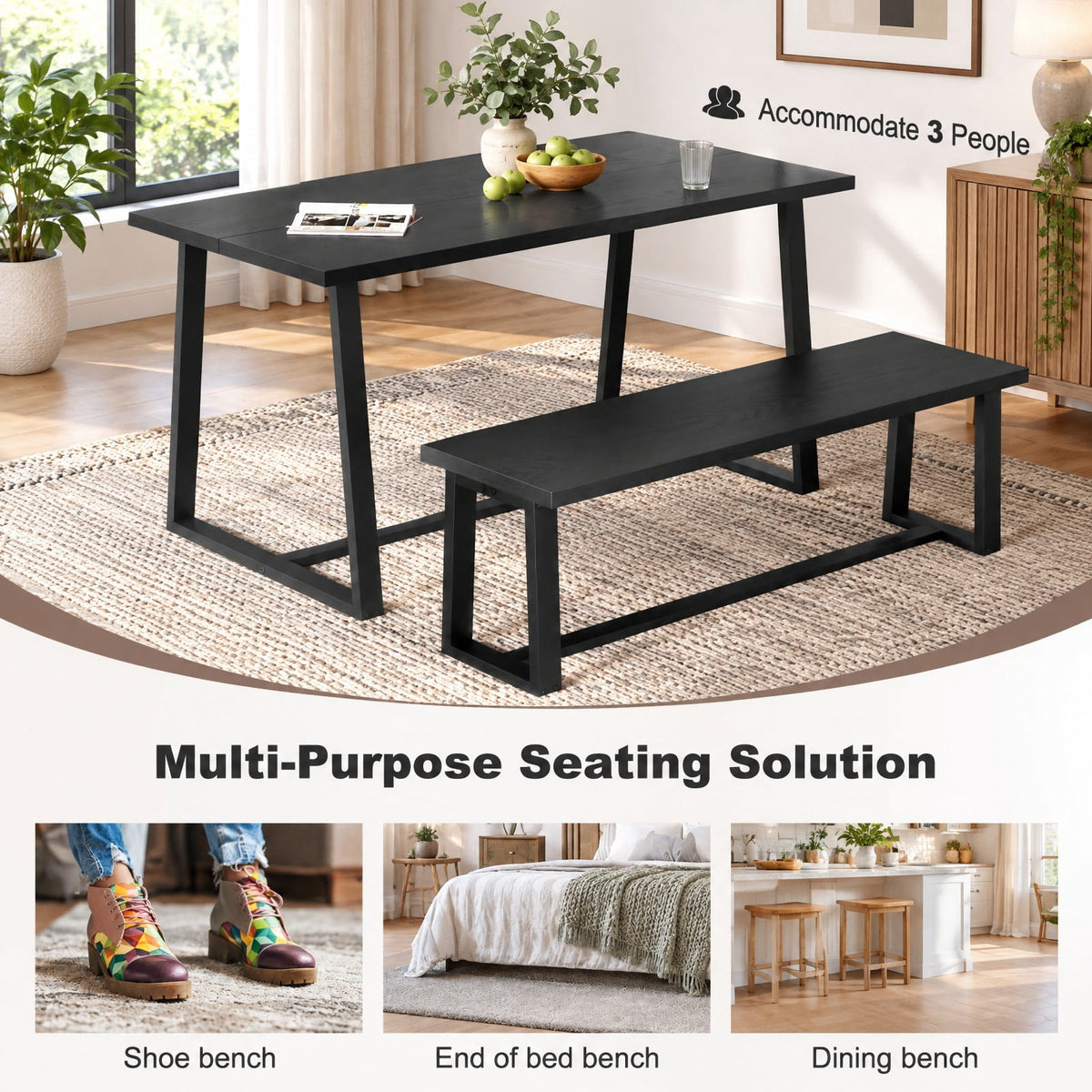 Airfind Wood Dining Bench with Metal Frame and Adjustable Footpads, 56.5 Inch x 16.5 Inch x 18 Inch Weight Footprint, Black
