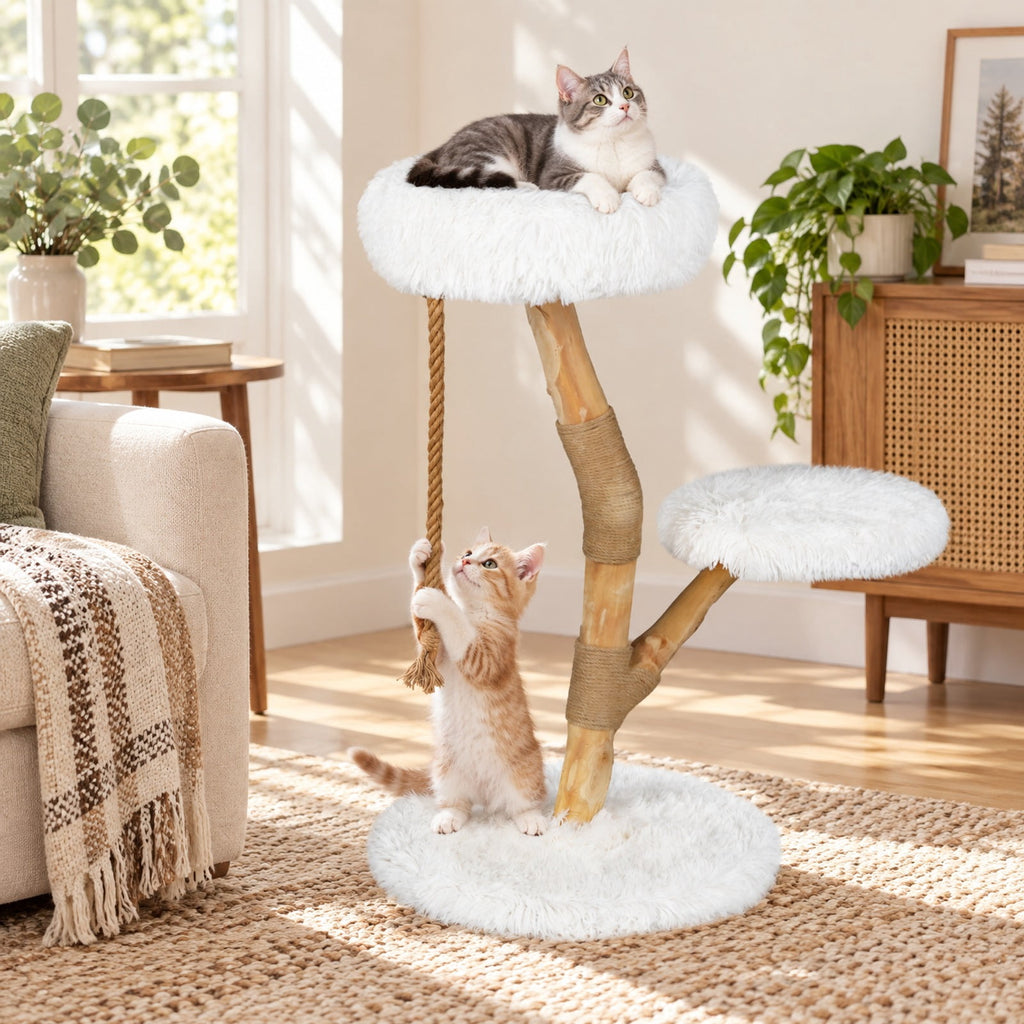 Airfind Modern Wooden Cat Tree Tower with Perch and Natural Jute Scratching Posts, 66 Lbs Capacity, Pear Wood Jute Long Plush Fabric, White