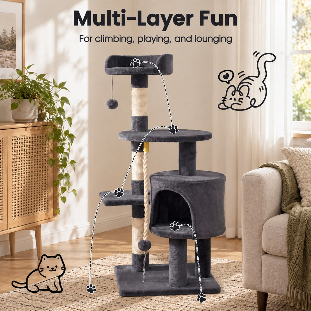 Airfind 36 Inch Tall Kitten Tower with Condo and Plush Perch, 22 lbs Capacity, Engineered Wood Sponge Plush Fabric Sisal Base Frame, Dark Gray