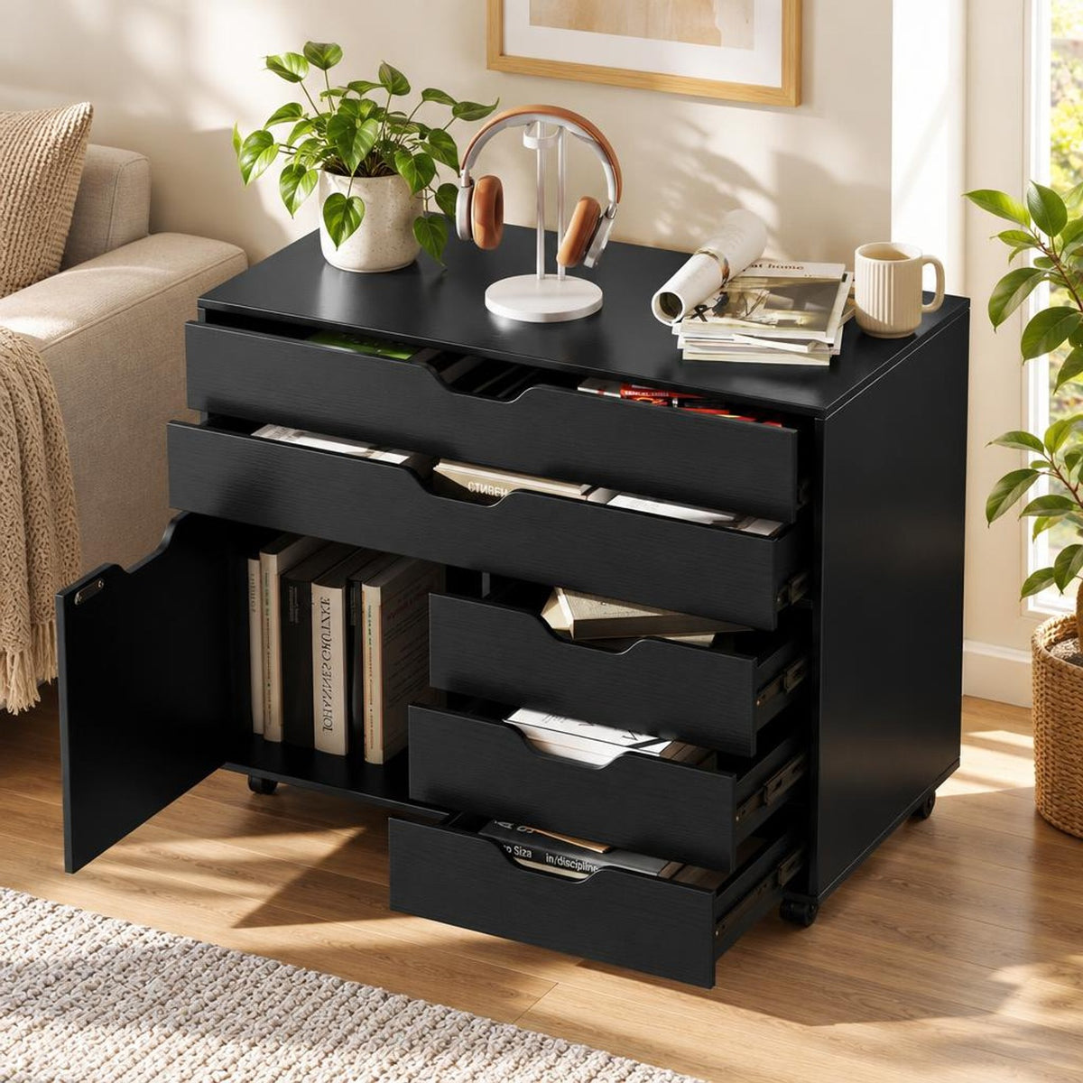 Airfind Modern Vertical 5-Drawer Mobile Chest with Door 5 Casters, 220 lbs Capacity, Engineered Wood MDF Metal Frame, 30.5in x 16in x 25in Footprint