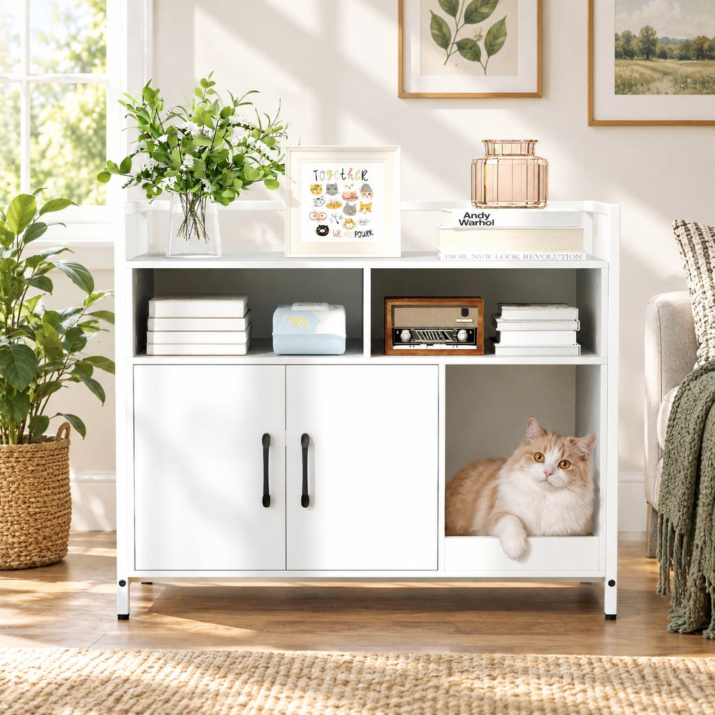 Airfind Hidden Cat Washroom with Double Doors and Scratch Cardboard, MDF Metal Frame, 35 x 17.5 x 29.5 Compartment Footprint, White