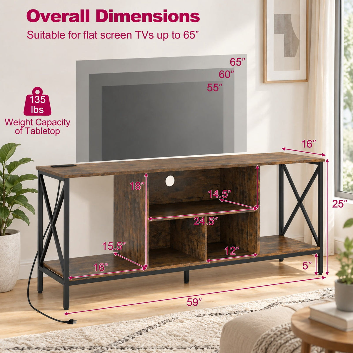 Airfind TV Stand with LED Lights for 65 Inch TV Entertainment Center with Power Outlets, 132 lbs Capacity, Metal Engineered Wood MDF Frame, Brown