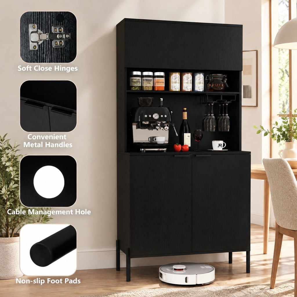 Airfind 64.5 Inches Tall Kitchen Pantry Cabinet with Charging Station and Wine Glass Rack, 90 lbs Capacity, Engineered Wood MDF Metal Frame, Black