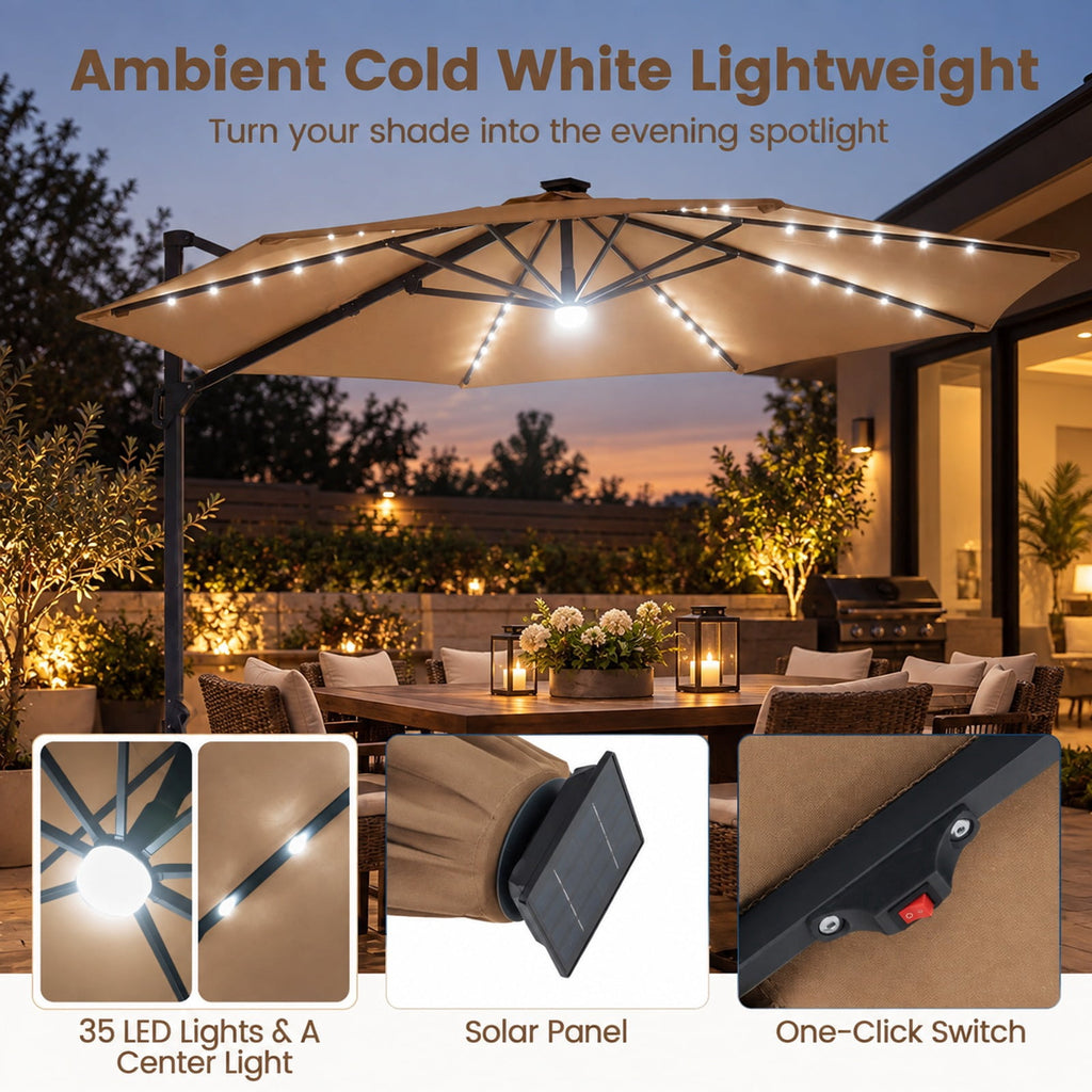 Airfind 10 FT Cantilever Patio Umbrella with Solar LED Lights 360° Rotation, Polyester Fabric Aluminum Metal PC ABS Frame, Brown
