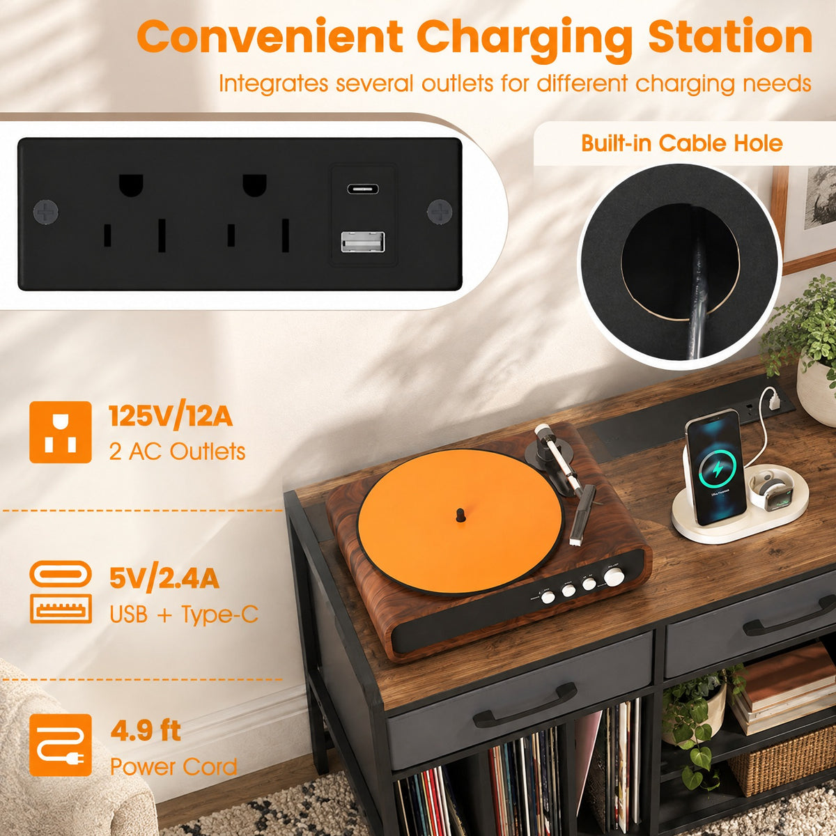Airfind Large Record Player Stand with Charging Station Mid Century Modern Vinyl Storage Cabinet, 209 lbs Capacity, 30in x 14in x 27in Inside Footprint