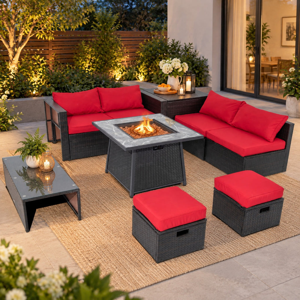 Airfind 35 Inch Propane Gas Fire Pit Table Wicker Rattan with Lava Rocks PVC Cover, 330 lbs Capacity, Steel stainless steel marble PE rattan Frame