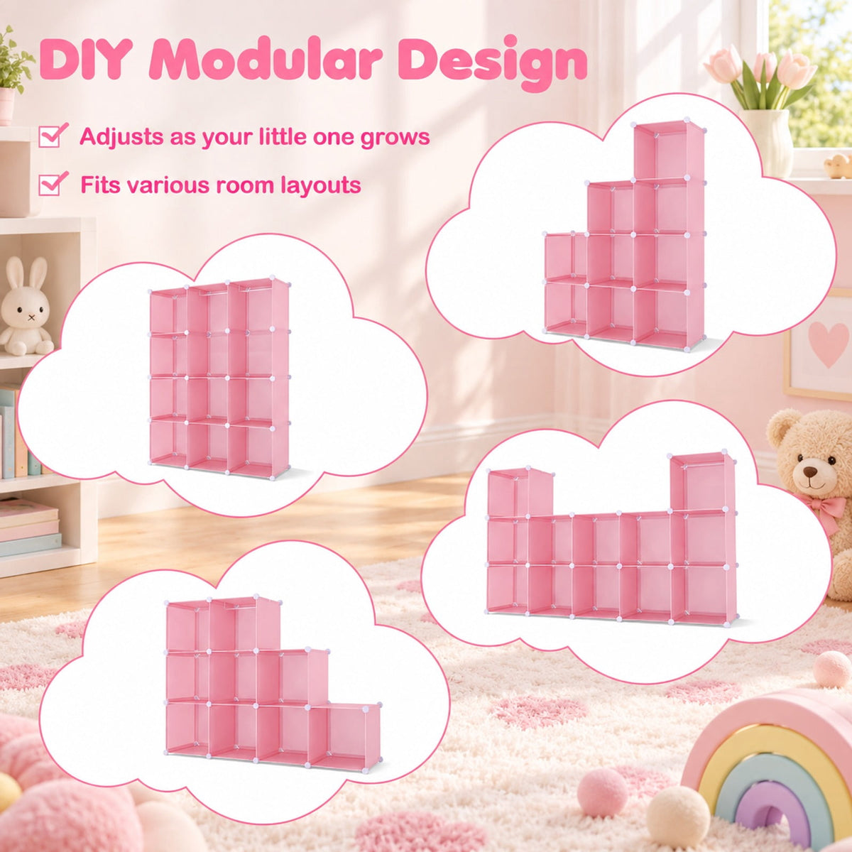 Airfind Modular Baby Wardrobe with 10 Cubes Hanging Rod and Shelves Stackable, 6.5 lbs Capacity, PP Frame, 43 x 14 x 57 Footprint, Pink