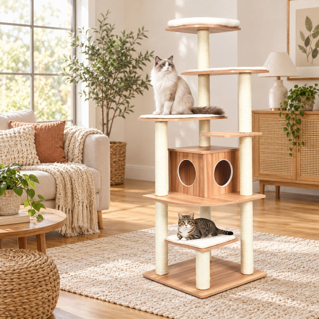 Airfind 7-Layer Wooden Cat Tree Tall Cat Tower with Sisal Posts and Condo, 33 lbs Capacity, Engineering Board Sisal Rope Plush Frame, Natural