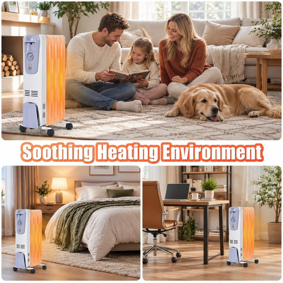 Airfind 1500W Oil Filled Radiator Heater with Thermostat and 4 Wheels for Living Room and Office, Steel Frame for Everyday Use, White