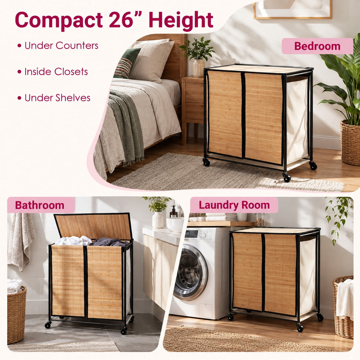 Airfind 18.5 Gal Laundry hamper with Lid 2-Section with 2 Lockable Wheels, 11 lbs Capacity, Bamboo Metal Oxford Cloth Frame, Natural