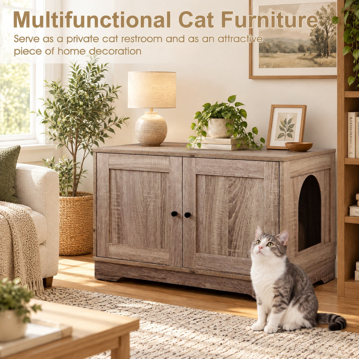 Airfind Cat Litter Box Enclosure Furniture Indoor Wooden Cat House End Side Table Nightstand, Engineered Board MDF Frame, Gray