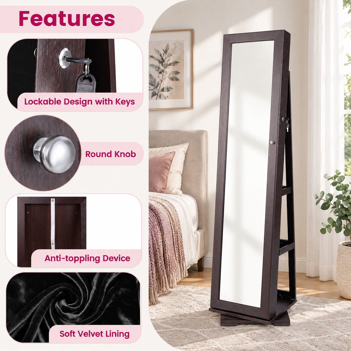 Airfind Jewelry Cabinet, 360¡ã Rotatable 2-in-1 Lockable, with Full-Length Mirror, P2 MDF Frame, 15 Inch x 15 Inch x 63.5 Inch (L x W x H) External, Brown
