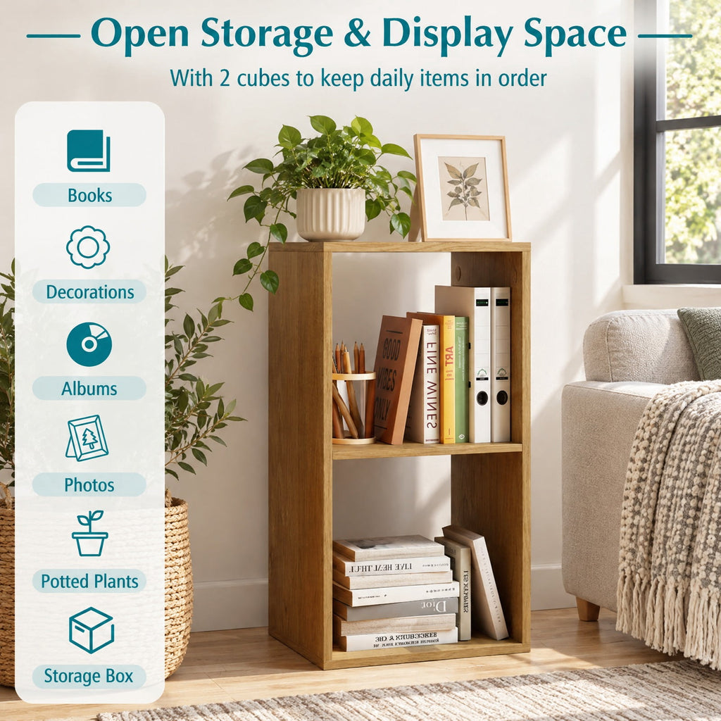 Airfind 2 Cube Bookshelf with Back Guardrail for Living Room Bedroom, Engineered Wood Frame, 14 Inch x 13 Inch x 27.5 Inch Depth of Bottom Shelf 12 Inch Footprint