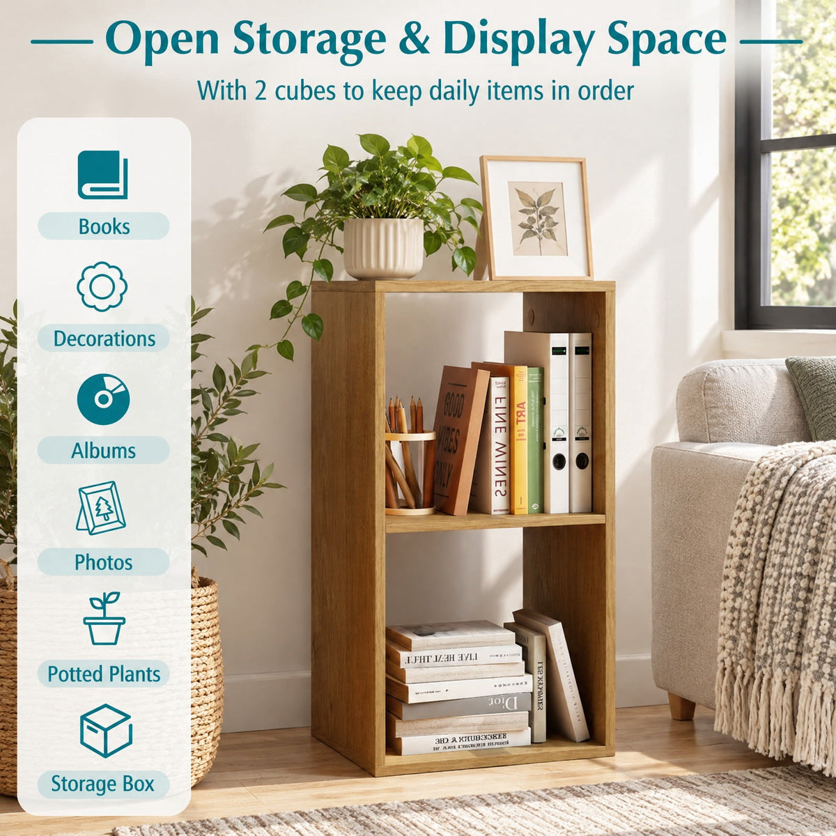 Airfind 2 Cube Bookshelf with Back Guardrail for Living Room Bedroom, Engineered Wood Frame, 14 Inch x 13 Inch x 27.5 Inch Depth of Bottom Shelf 12 Inch Footprint
