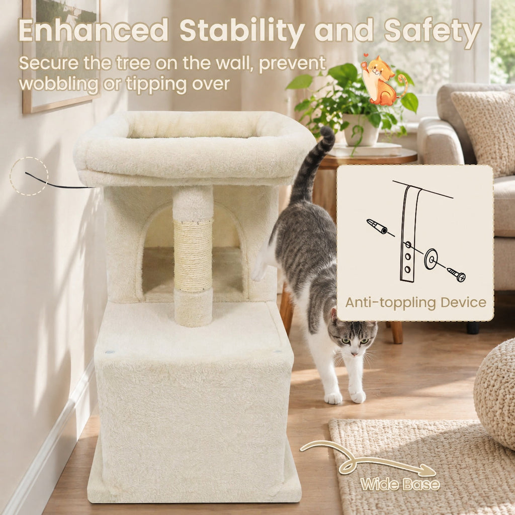 Airfind Modern Cat Tree Space-saving Cat Tower with Upholstered Perch and 2 Cat Condos, 22 lbs Capacity, 24 x 16 x 25.5 Condo Footprint, Beige