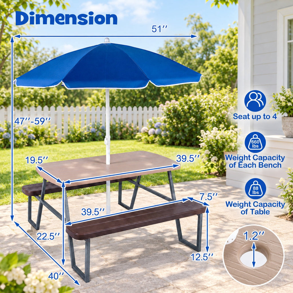 Airfind Kids Picnic Table with Benches Seats up to 4, 660 lbs Capacity, Metal Frame, for 3+ years old, 40 x 39.5 x 59 Tabletop Footprint, Brown