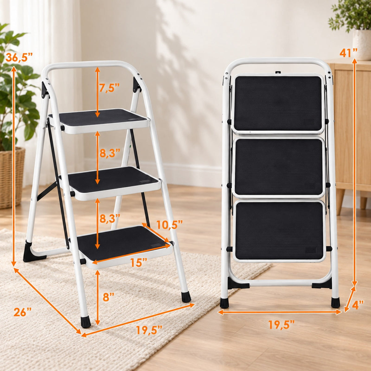 Airfind Folding 3-Step Ladder with Handgrip and Anti, 330 lbs Capacity, Iron Frame, 19.5 Inch x 26 Inch x 36.5 Inch Footprint, Black white