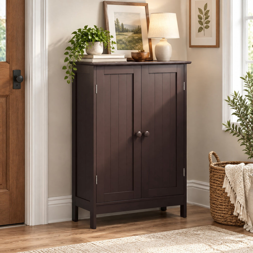 Airfind Bathroom Floor Storage Double Door Cupboard Cabinet, 22 lbs Capacity, MDF Frame, 24in x 14in x 34.5in Footprint, Brown