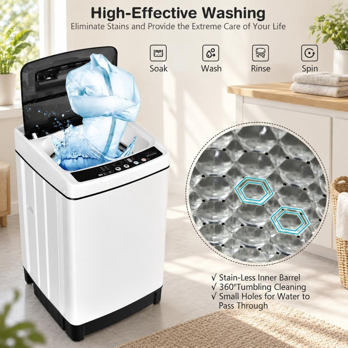 Airfind Full-Automatic Washing Machine 1.5 Cubic Feet 11 LBS Washer, Stainless steel PP ABS Frame, 19 x 19 x 33.5 Footprint, White