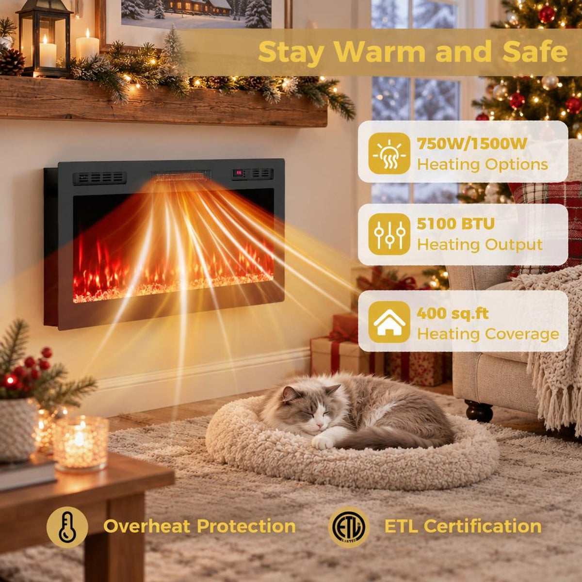 Airfind Smart WiFi Electric Fireplace Wall Mounted and Recessed 750W/1500W Heater-42 Inch, Black, Power Cord 5 ft Net Weight-36in 29.5 lbs
