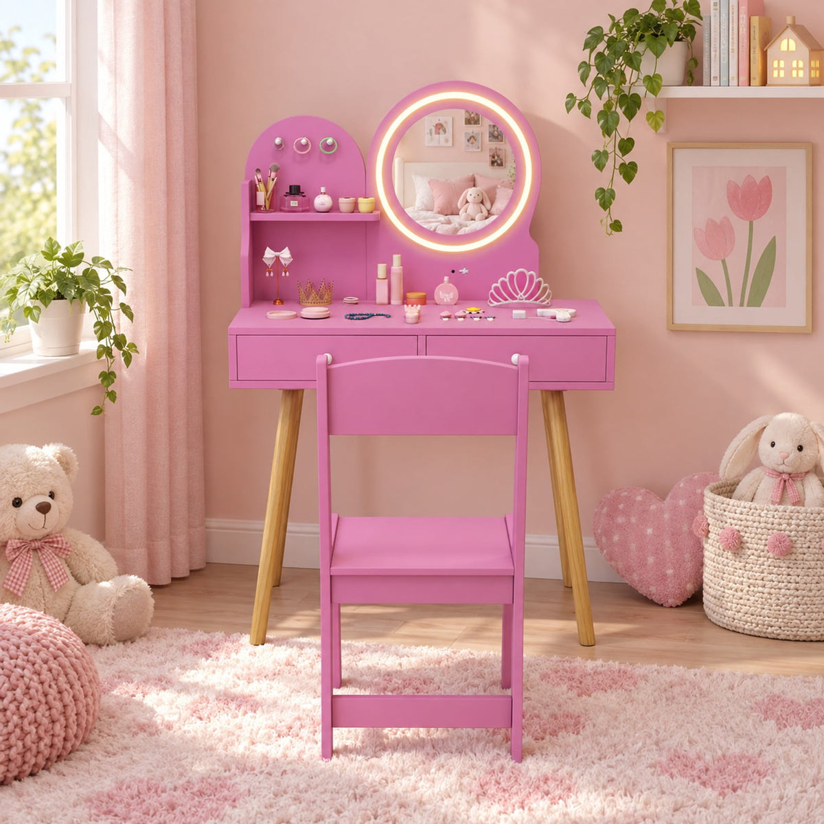 Airfind Kids Princess Makeup Dressing Desk and Chair Set with Mirror and Lights, 110 lbs Capacity, MDF Frame, for 3+ years old, Pink