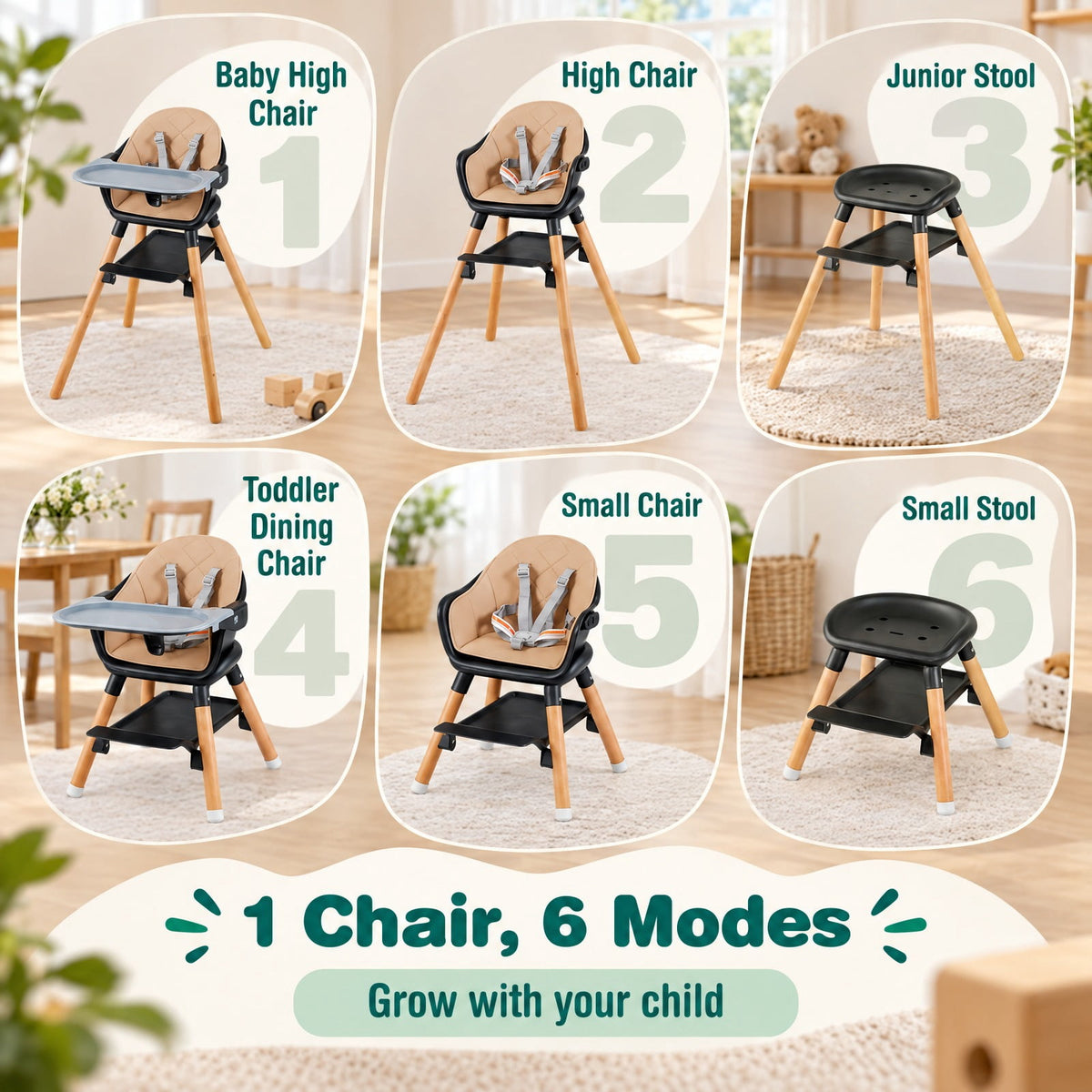 Airfind 6 in 1 Convertible Highchair with Safety Harness and Removable Tray, PP PU Beech Frame, 24.5 x 23 x 35.5 Footprint, Coffee