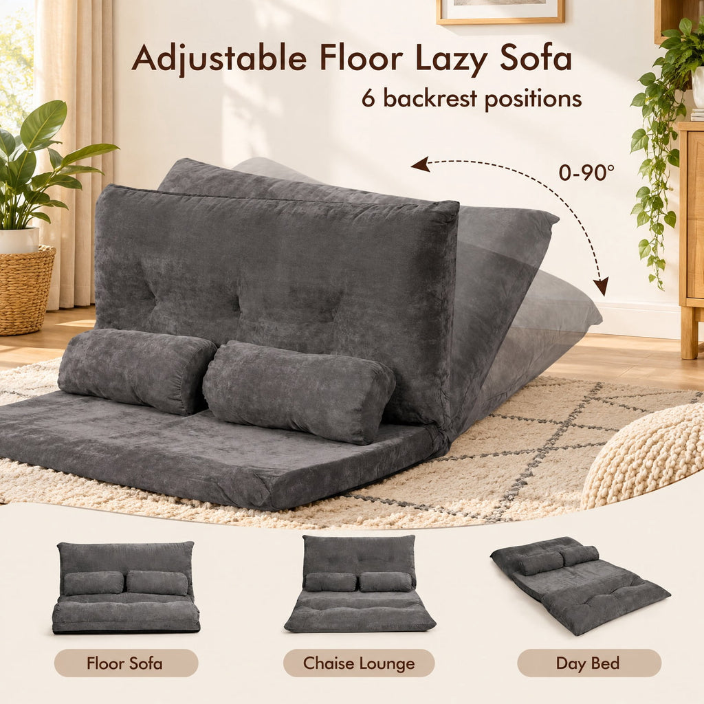 Airfind 6-Position Adjustable Sleeper Lounge Couch with 2 Pillows, Steel Corduroy Sponge Flat Frame, 71 Inch x 42.5 Inch x 7 Inch Footprint, Gray
