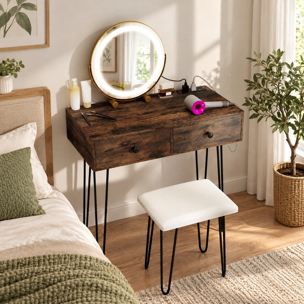 Airfind Vanity Desk with with Lighted Adjustable Mirror for Bedroom, 66 lbs Capacity, MDF Frame, 31.5 Inch x 16 Inch x 30 Inch Footprint, Brown