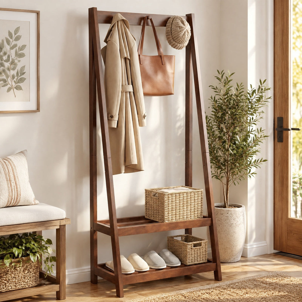 Airfind Freestanding Clothes Rack with 3 Hooks and 2 Shelves, 33 lbs Capacity, Rubber Wood Frame, 13 x 24 x 55 Footprint, Walnut