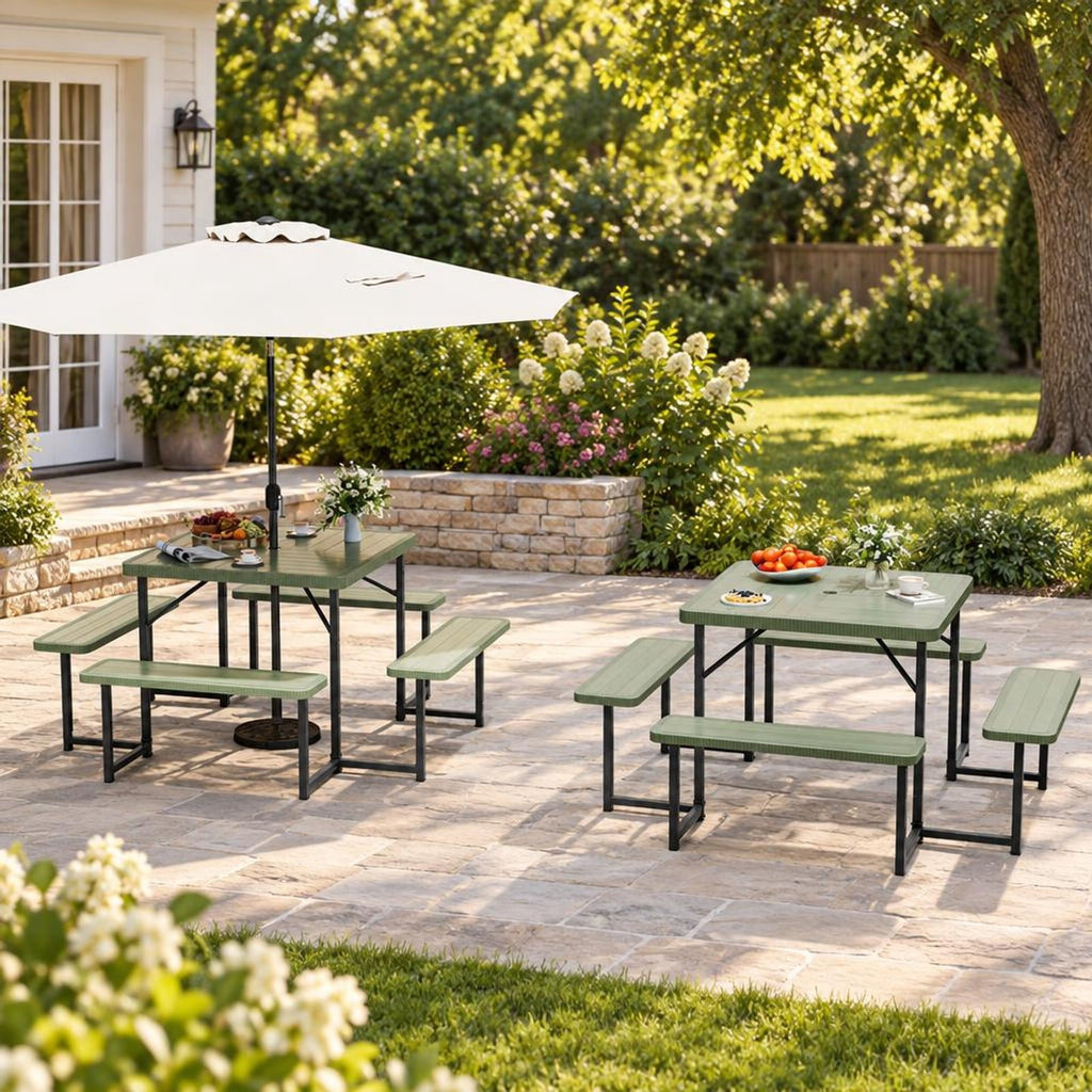Airfind Outdoor Square Picnic Table Bench Set for 4-8 People with Umbrella Hole, Table 110 lbs Capacity, HDPE Metal Frame, 63 x 63 x 30 Footprint