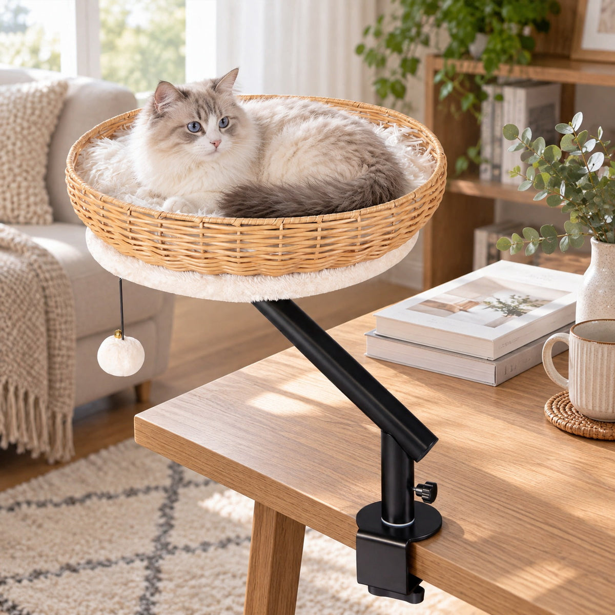Airfind Cat Desk Bed with Removable Padded Cushion for Indoor Cats, 22 lbs Capacity, PE Rattan Metal MDF Plush Fabric Frame, Natural